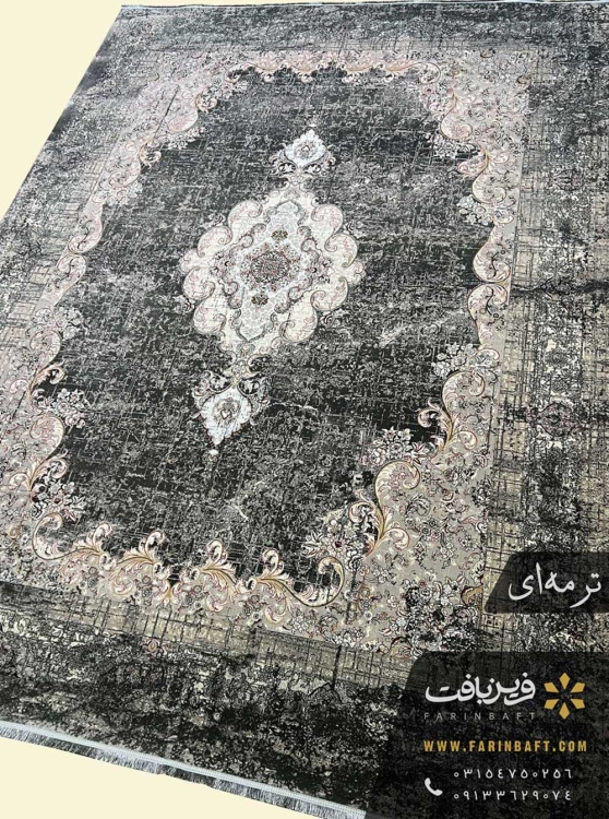 فرش کهنه نما طرح ترنج و هاشور ترمه ای