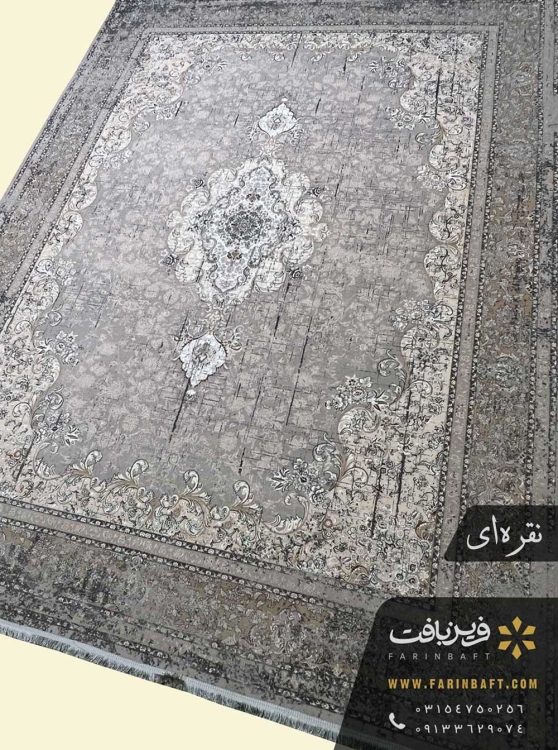 فرش کهنه نما طرح ترنج و هاشور نقره ای